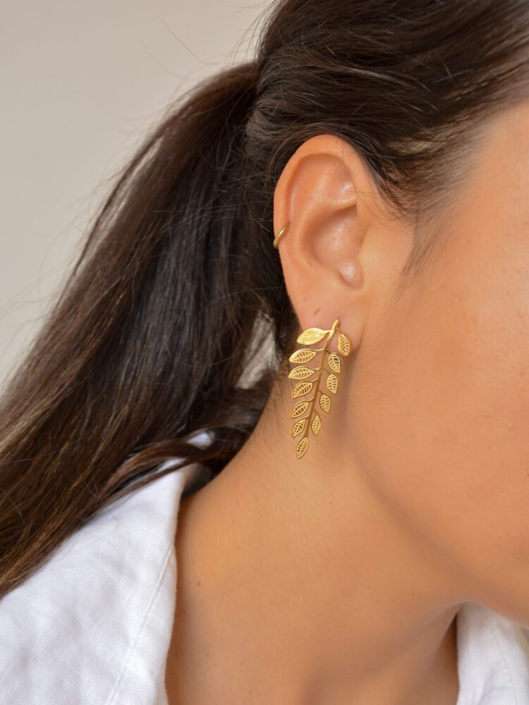 Long Steel Earrings with Leaf Cluster