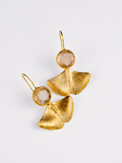 Brincos em Latão com Folha e Pedra Redonda Cinza