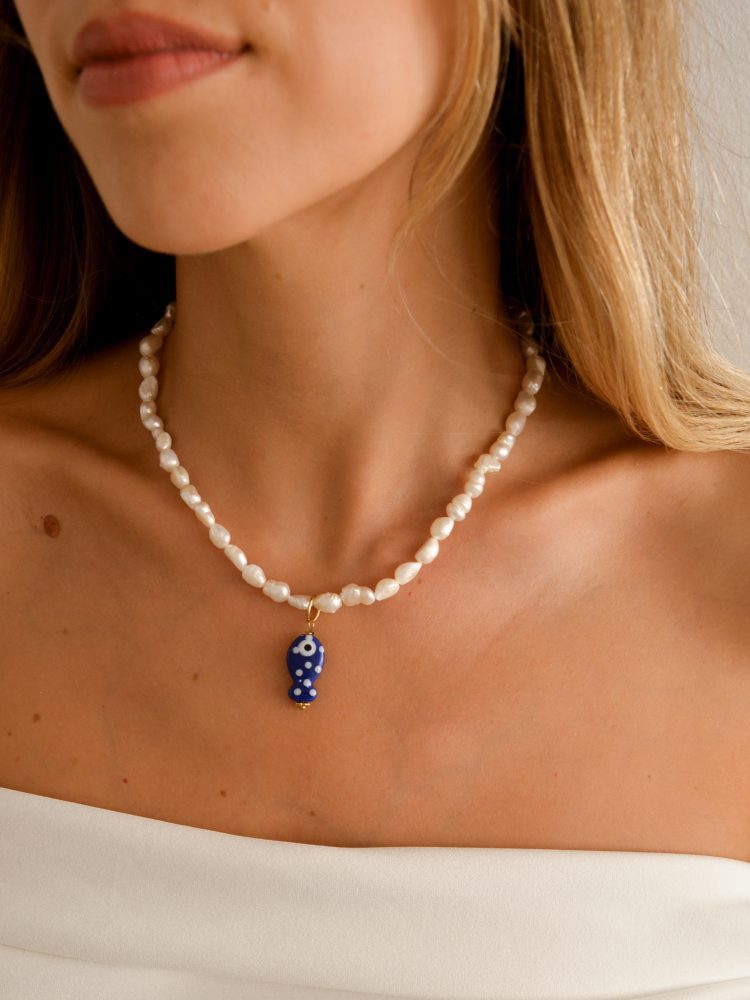 Natural Pearl Necklace with Blue Ceramic Fish