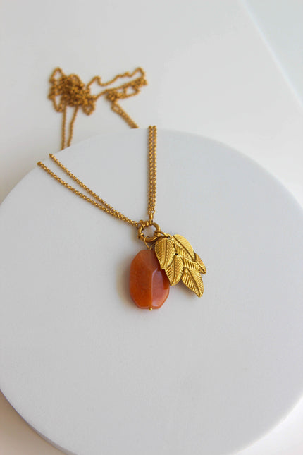 Colar em Aço Comprido 2 em 1 com Pedra Ágata Castanha e Folha em Aço