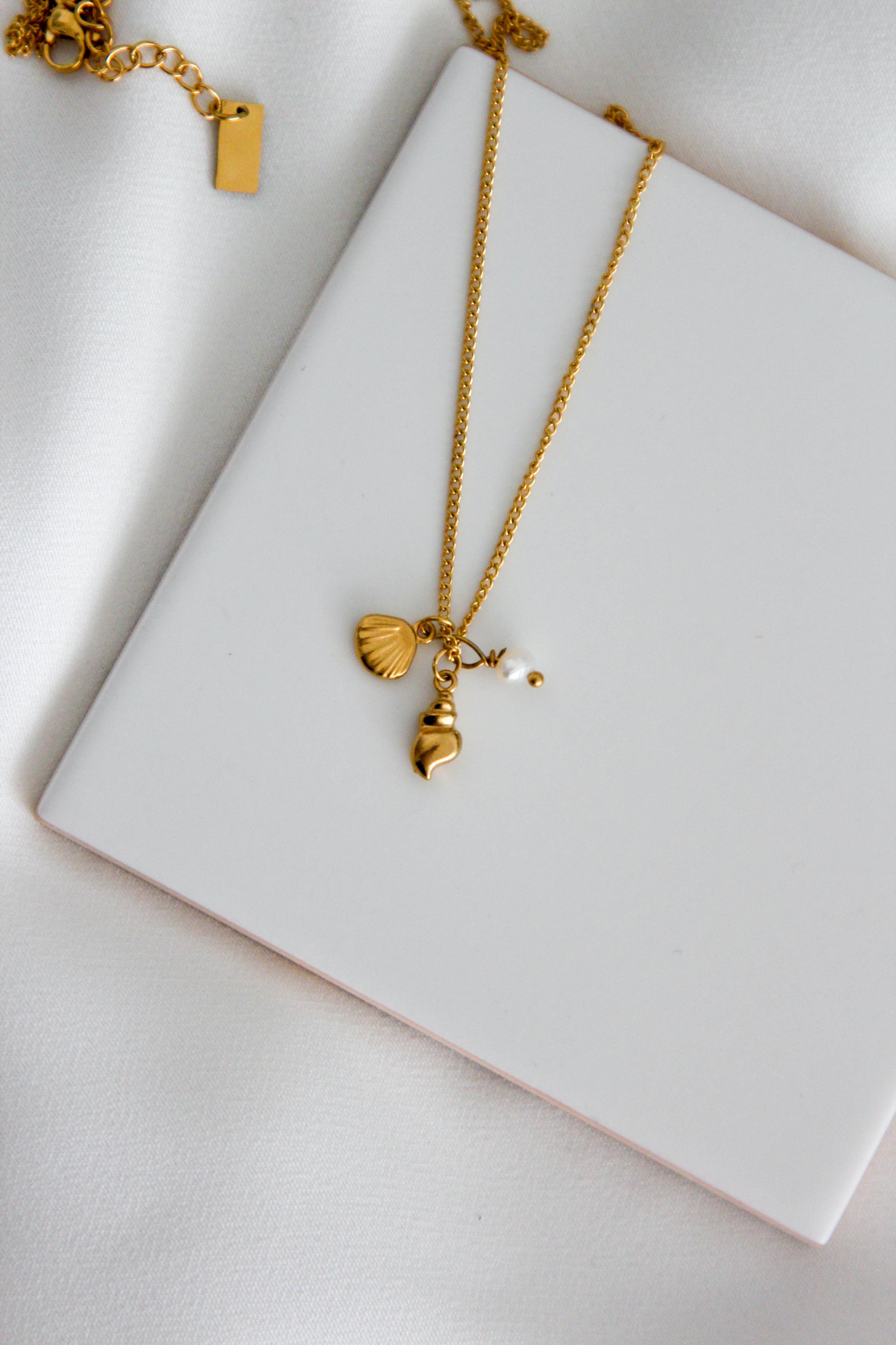 Colar em Aço Dourado com Concha, Búzio e Pérola