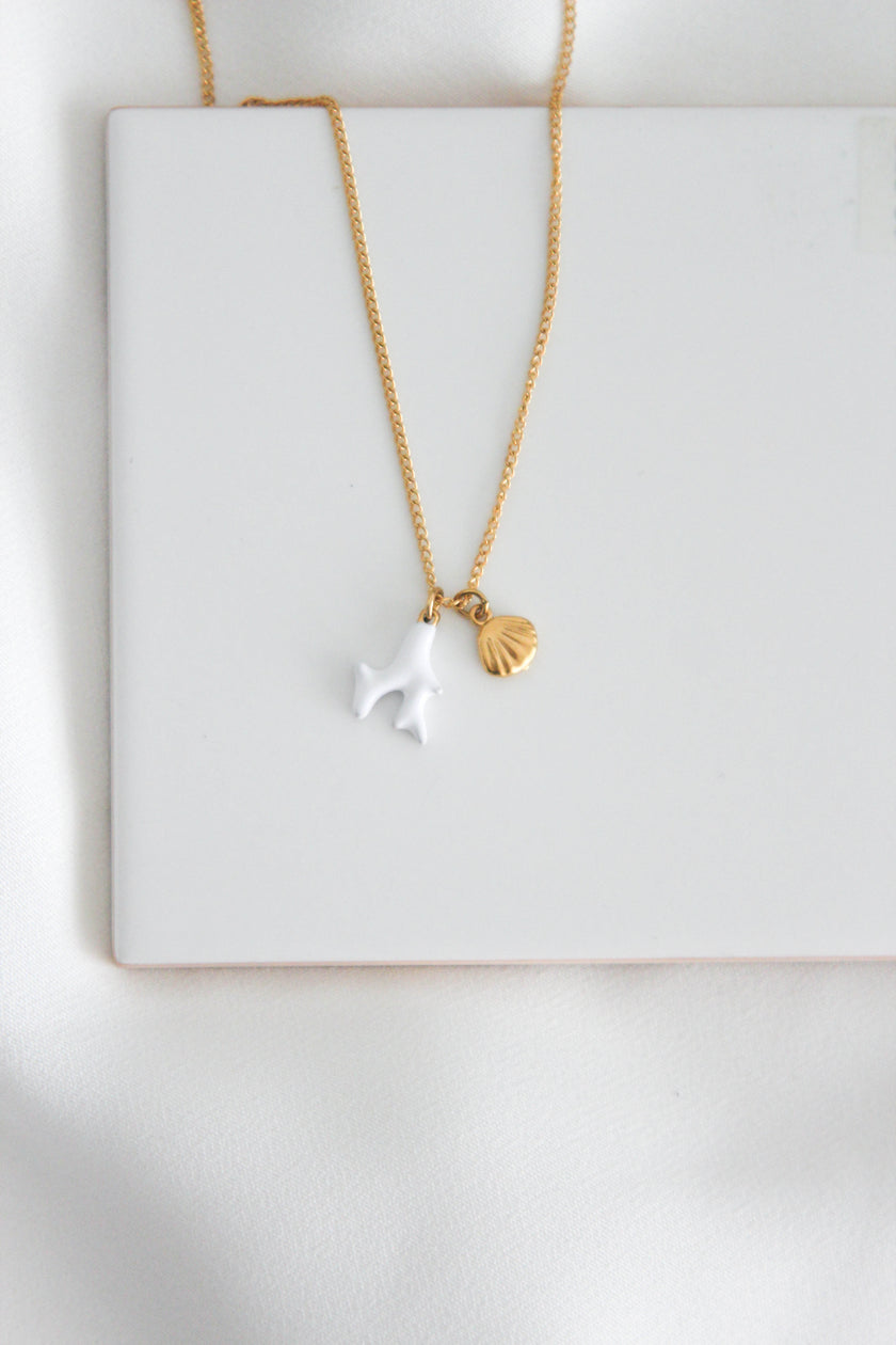 Colar em Aço Dourado com Concha e Coral