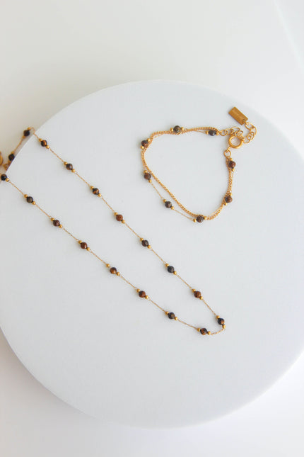 Conjunto Colar e Pulseira de Pedras Naturais Castanhas Pequeninas