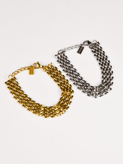 Pulseira em Aço com Malha Achatada Larga Dourada ou Prateada