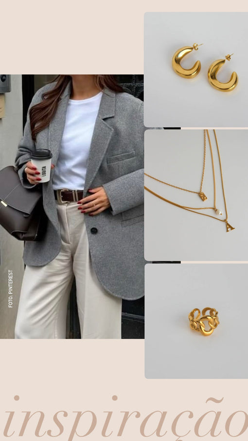 Sugestão de Look: Blazer cinza, branco, acessórios dourados
