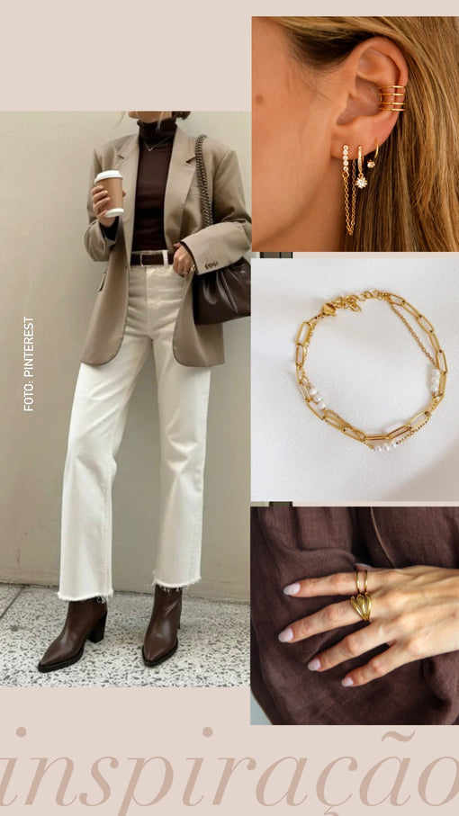 Sugestão de Look: Tons neutros e acessórios dourados