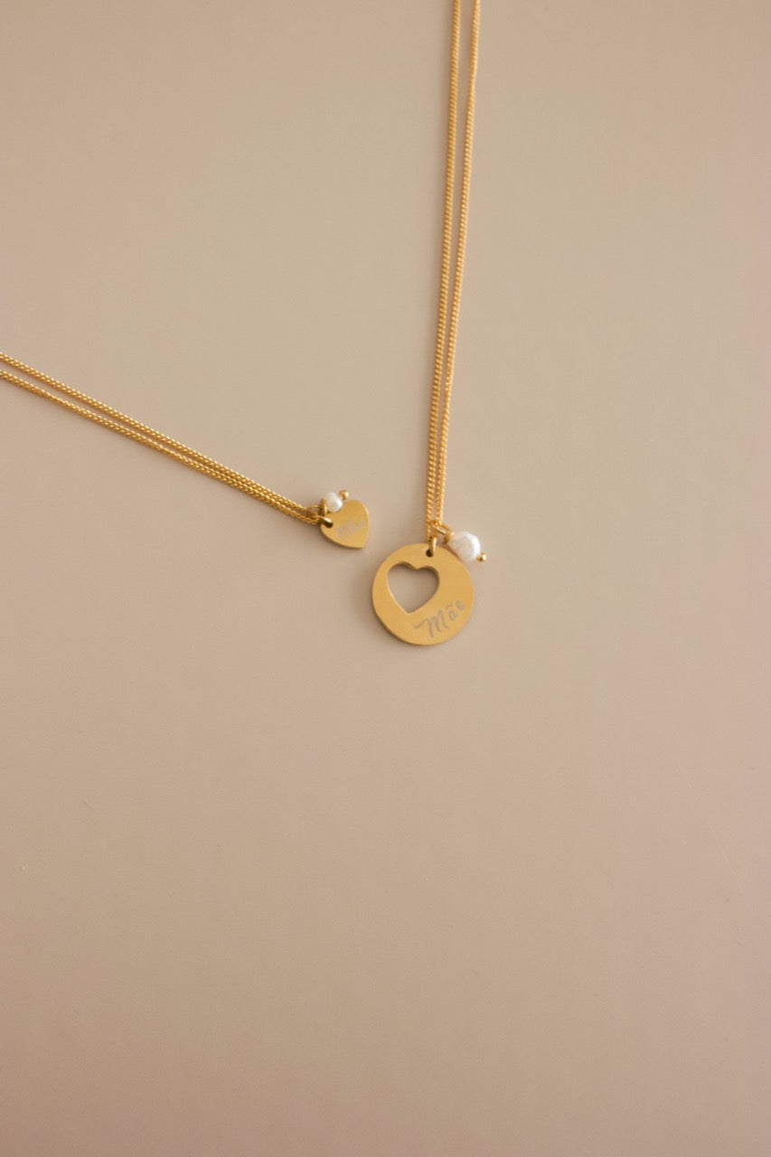 2 Colares em Aço para Mãe e Filha com Coração e Pérola Natural em Dourado ou Prateado