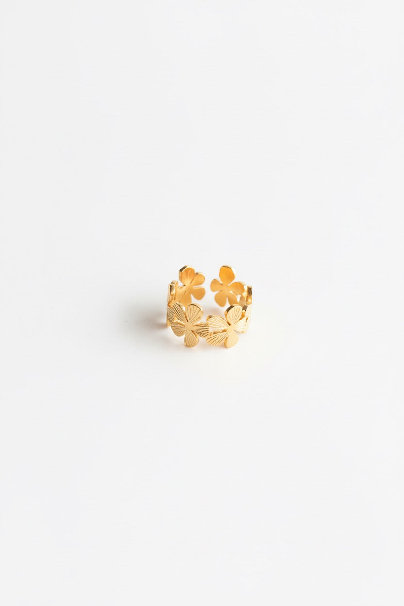 Anel em Aço Ajustável com Flores Dourado ou Prateado