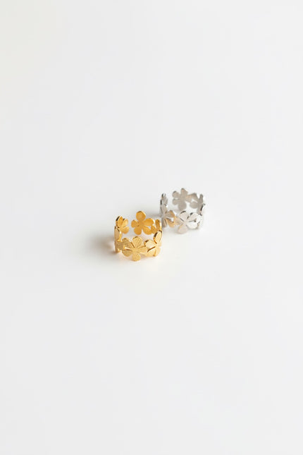 Anel em Aço Ajustável com Flores Dourado ou Prateado