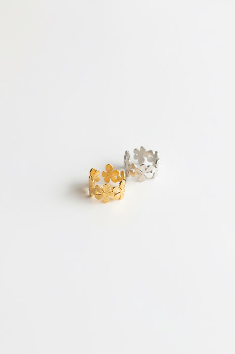 Anel em Aço Ajustável com Flores Dourado ou Prateado