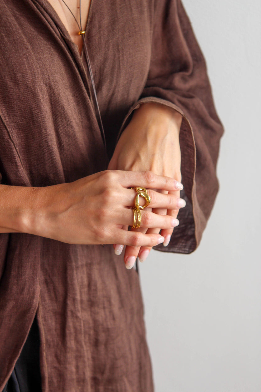 Anel em Aço Dourado Quíntuplo