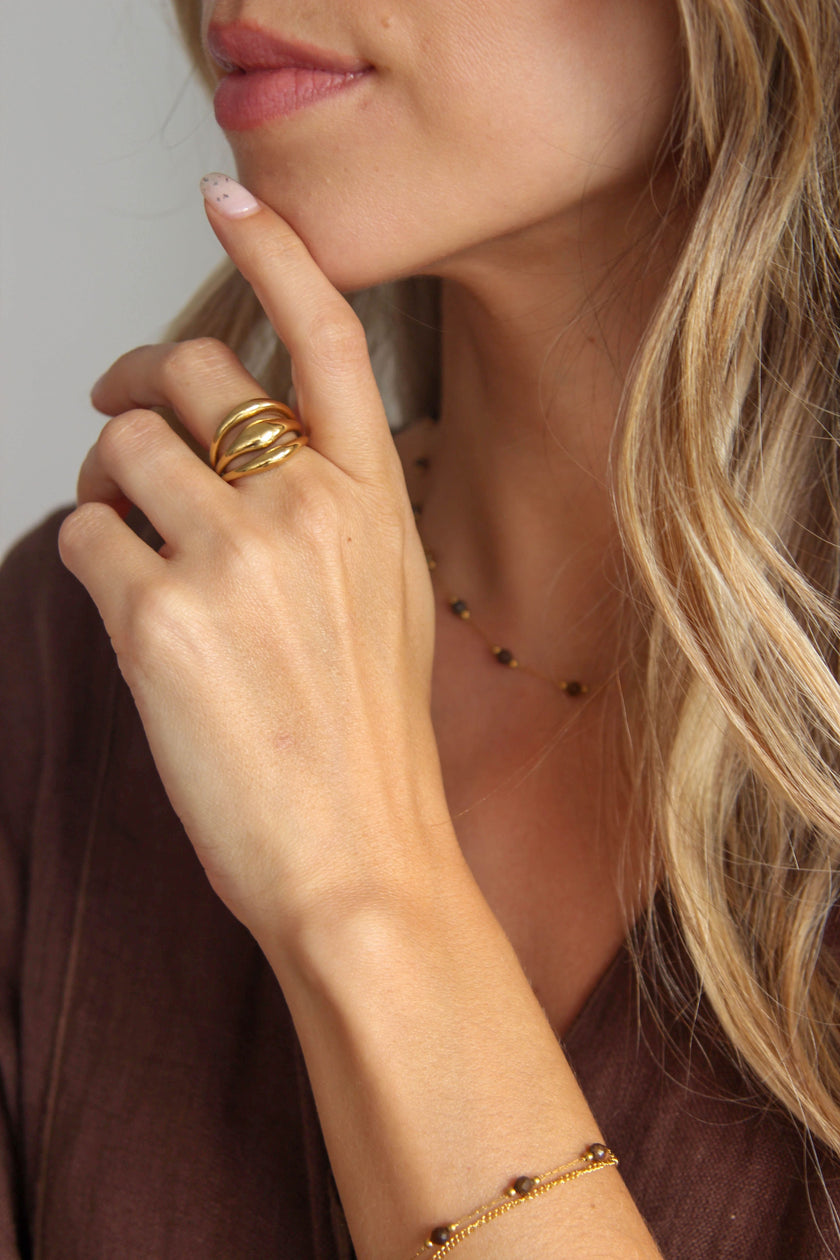 Anel em Aço Dourado Robusto Triplo