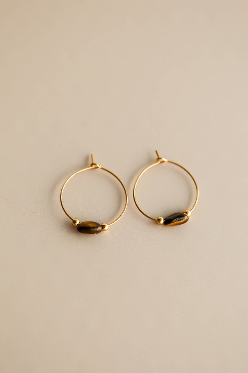 Argolas em Aço com Pendente Pedra Olho de Tigre