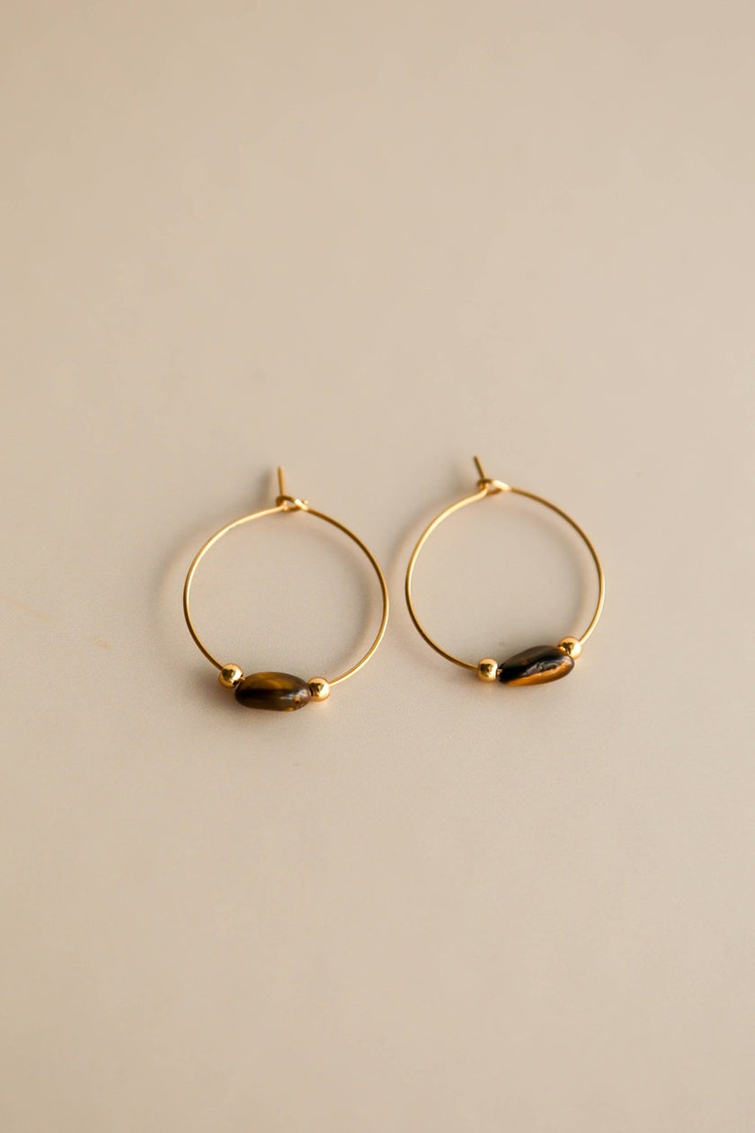 Argolas em Aço com Pendente Pedra Olho de Tigre