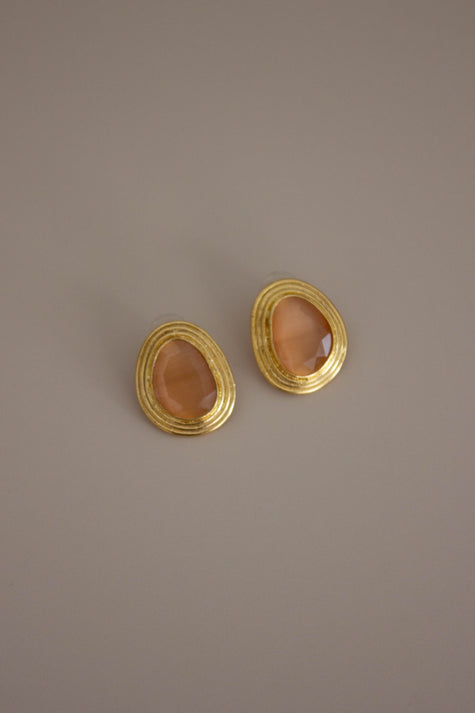 Brincos Dourados Grandes em Latão com Pedra Salmão