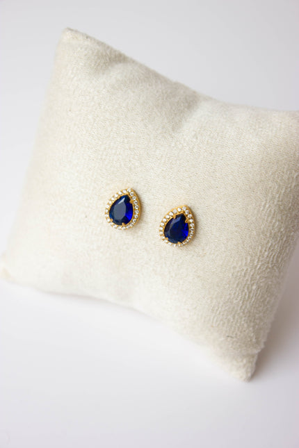 Tiny Steel Earrings with Diamonds and Blue Stone