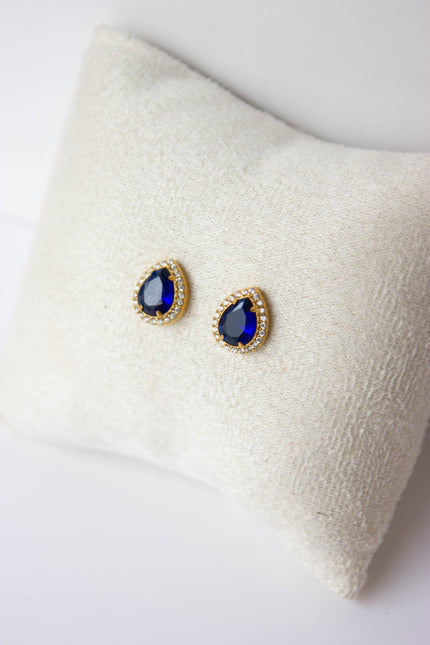 Tiny Steel Earrings with Diamonds and Blue Stone