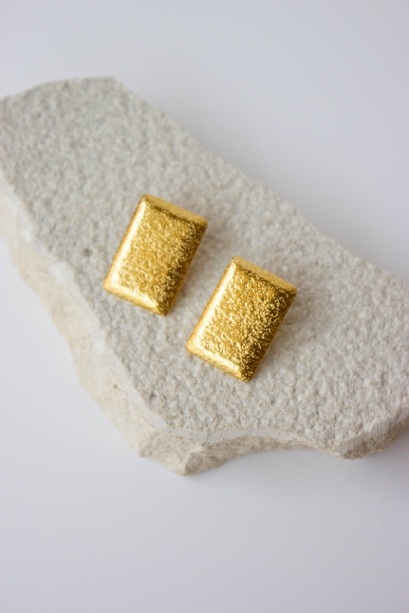 Rectangular Gold-Plated Steel Earrings with Texture