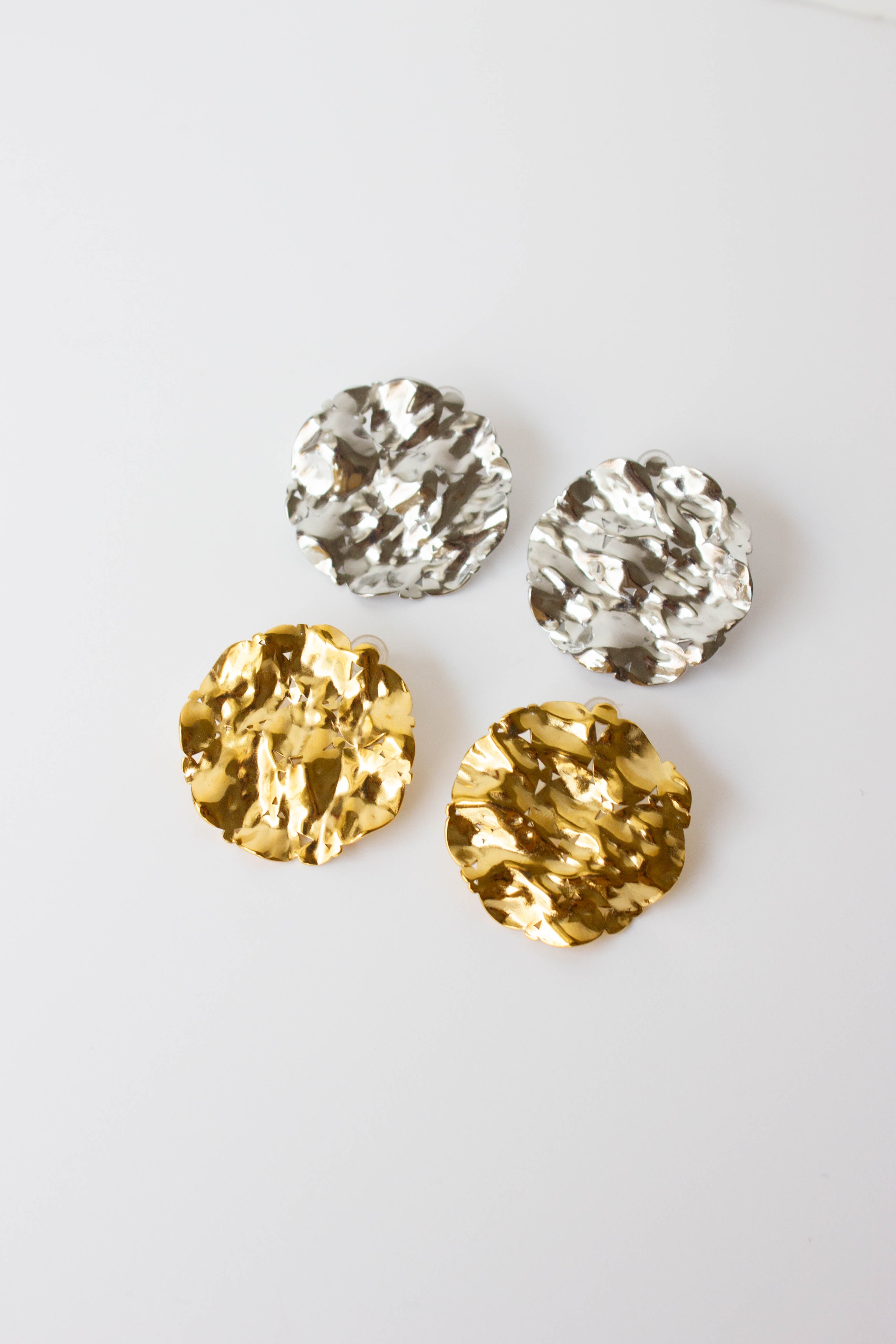 Round Gold-Plated Steel Earrings with Gold or Silver Texture