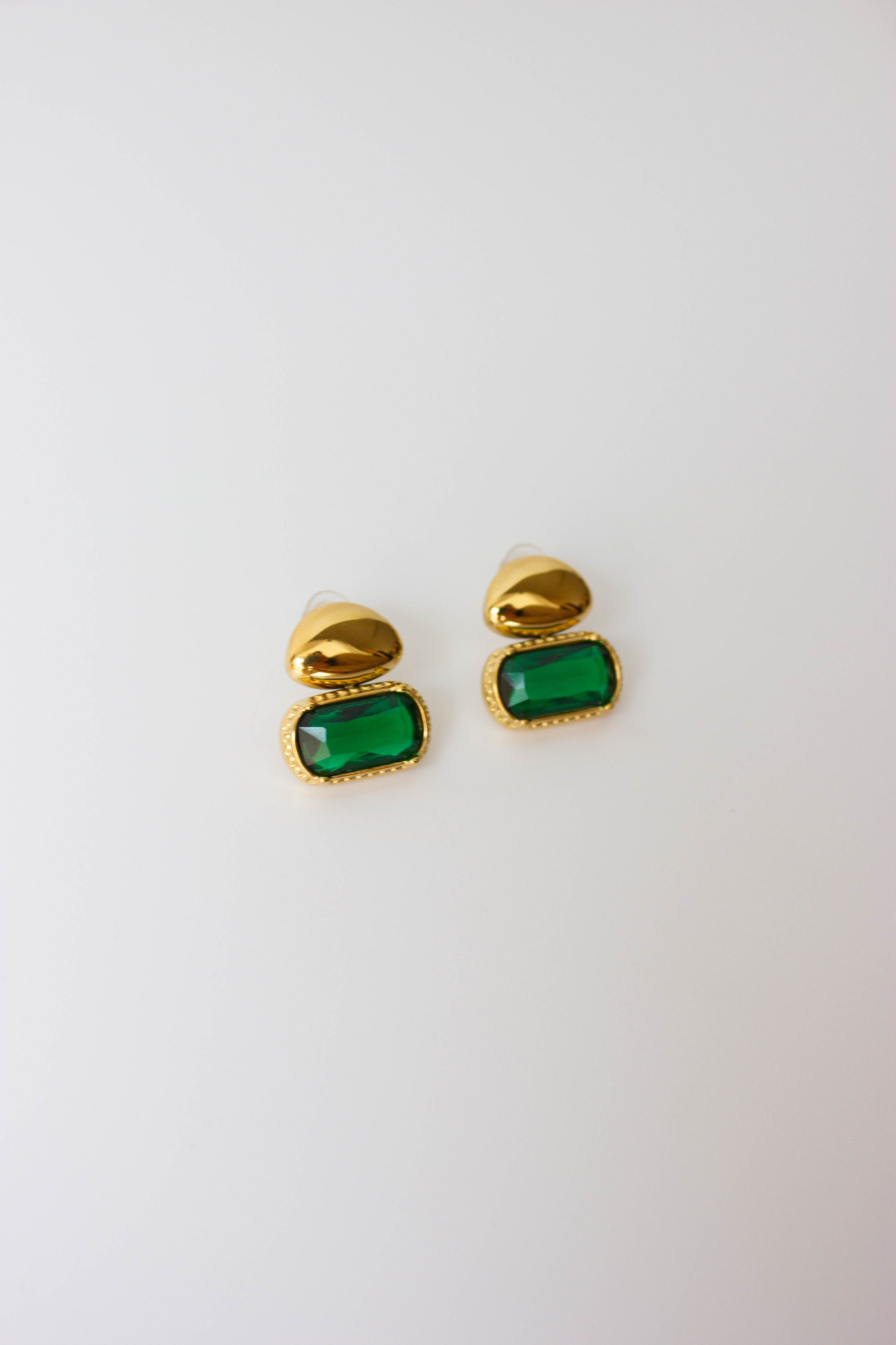 Gold-plated steel earrings with a green stone.