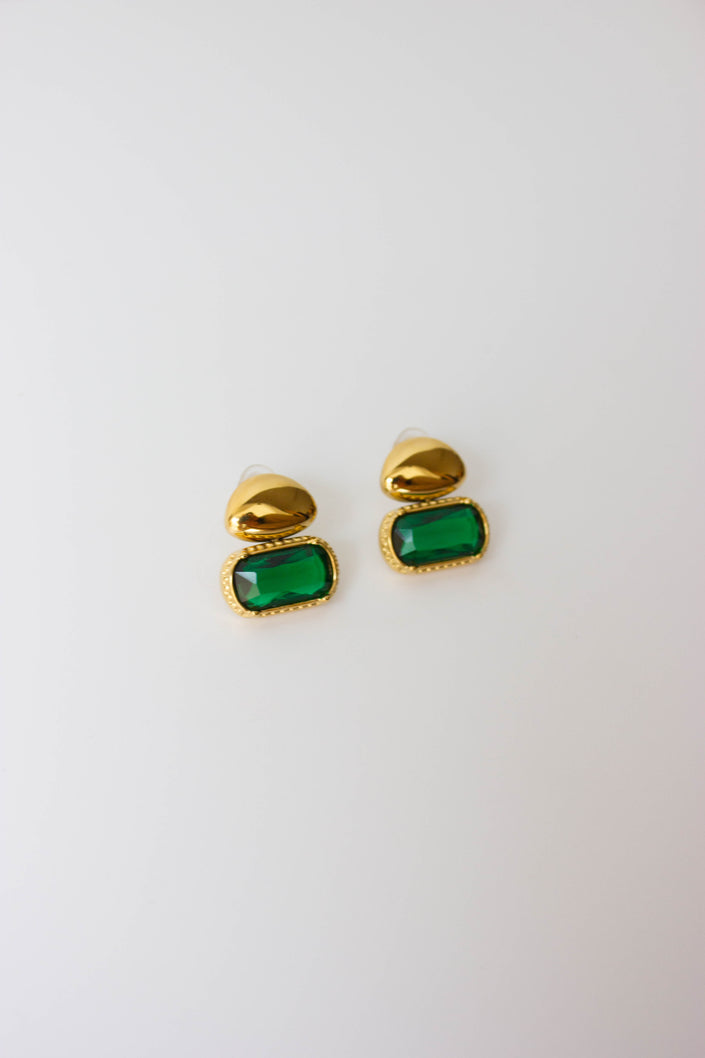 Gold-plated steel earrings with a green stone.