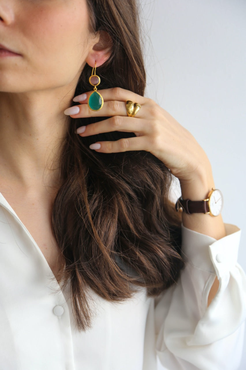 Brincos em Latão com Pedra Rosa e Verde Esmeralds
