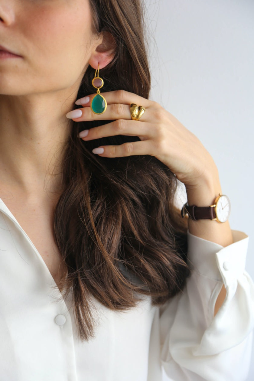 Brincos em Latão com Pedra Rosa e Verde Esmeralds