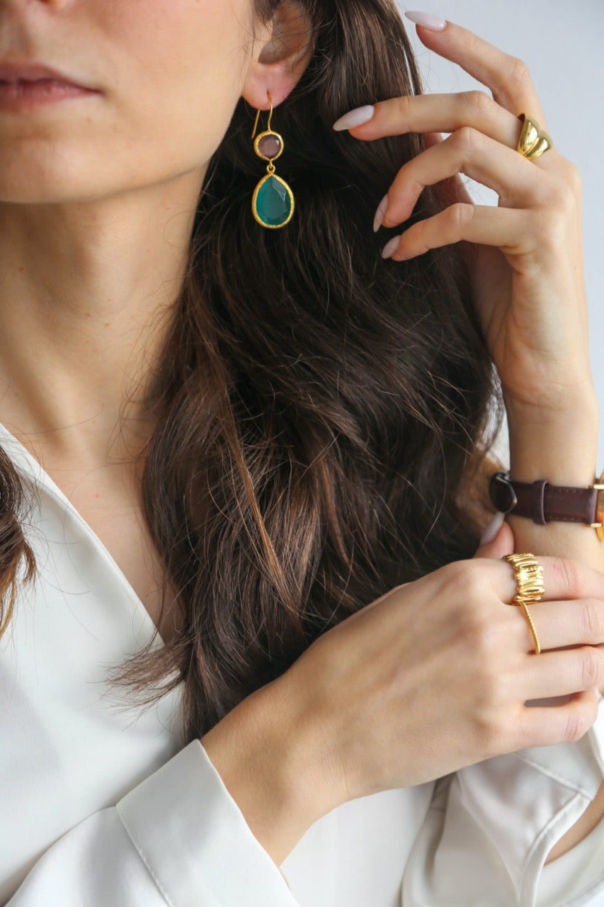 Brincos em Latão com Pedra Rosa e Verde Esmeralds