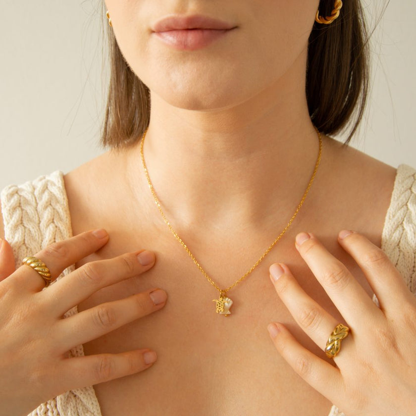 Colar em Aço Dourado com Concha Madrepérola e Tartaruga
