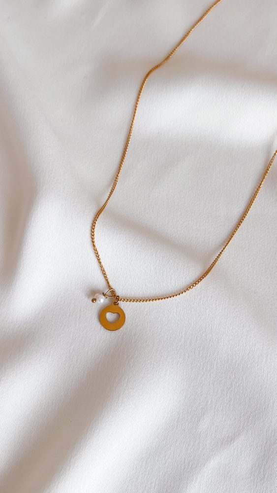 Gold Steel Necklace with Heart Inside Pendant