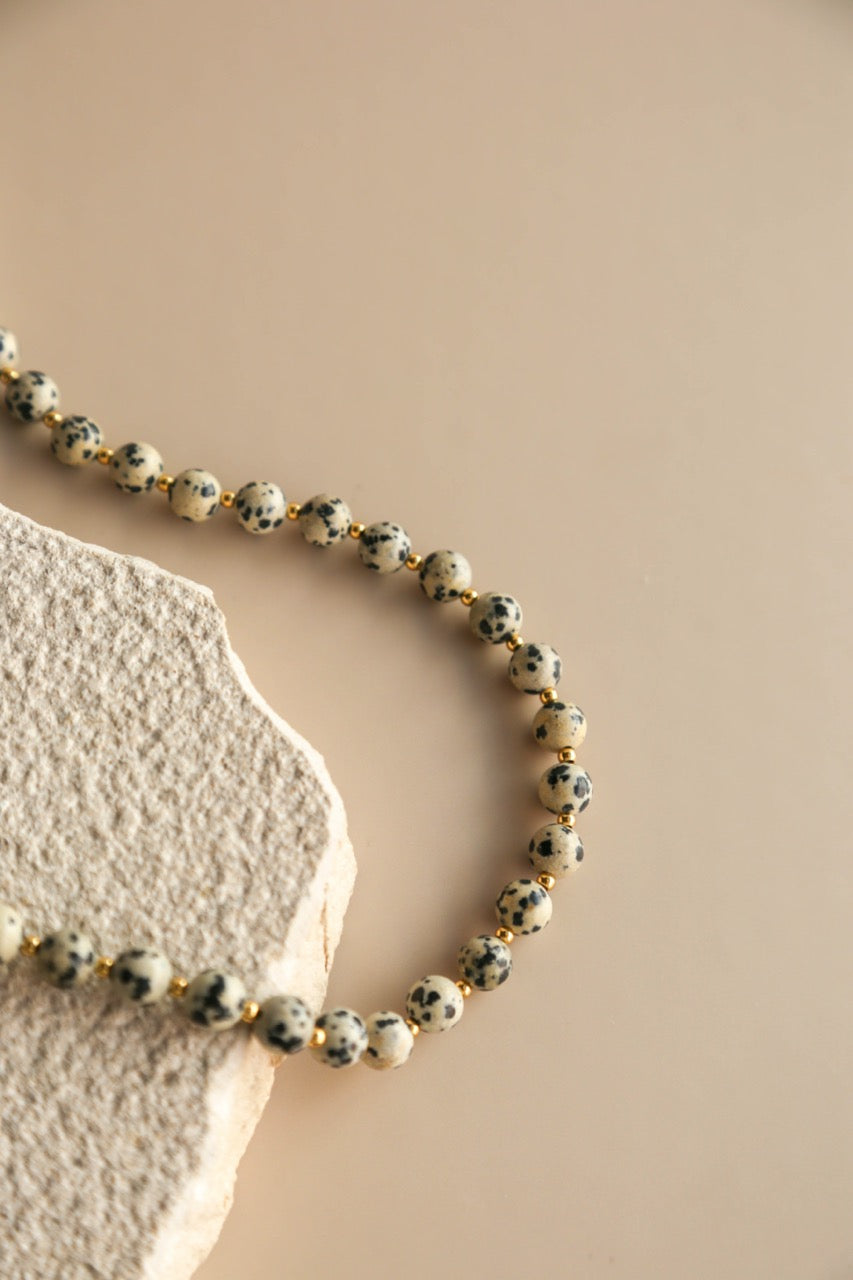 Colar de Pedras Jaspe Dalmata e Esferas de Aço