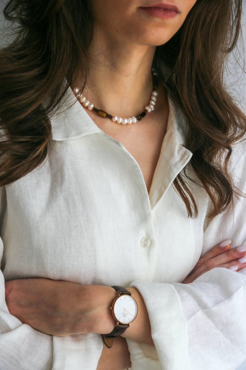 Colar de Pérolas Naturais com Pedras Olho de Tigre