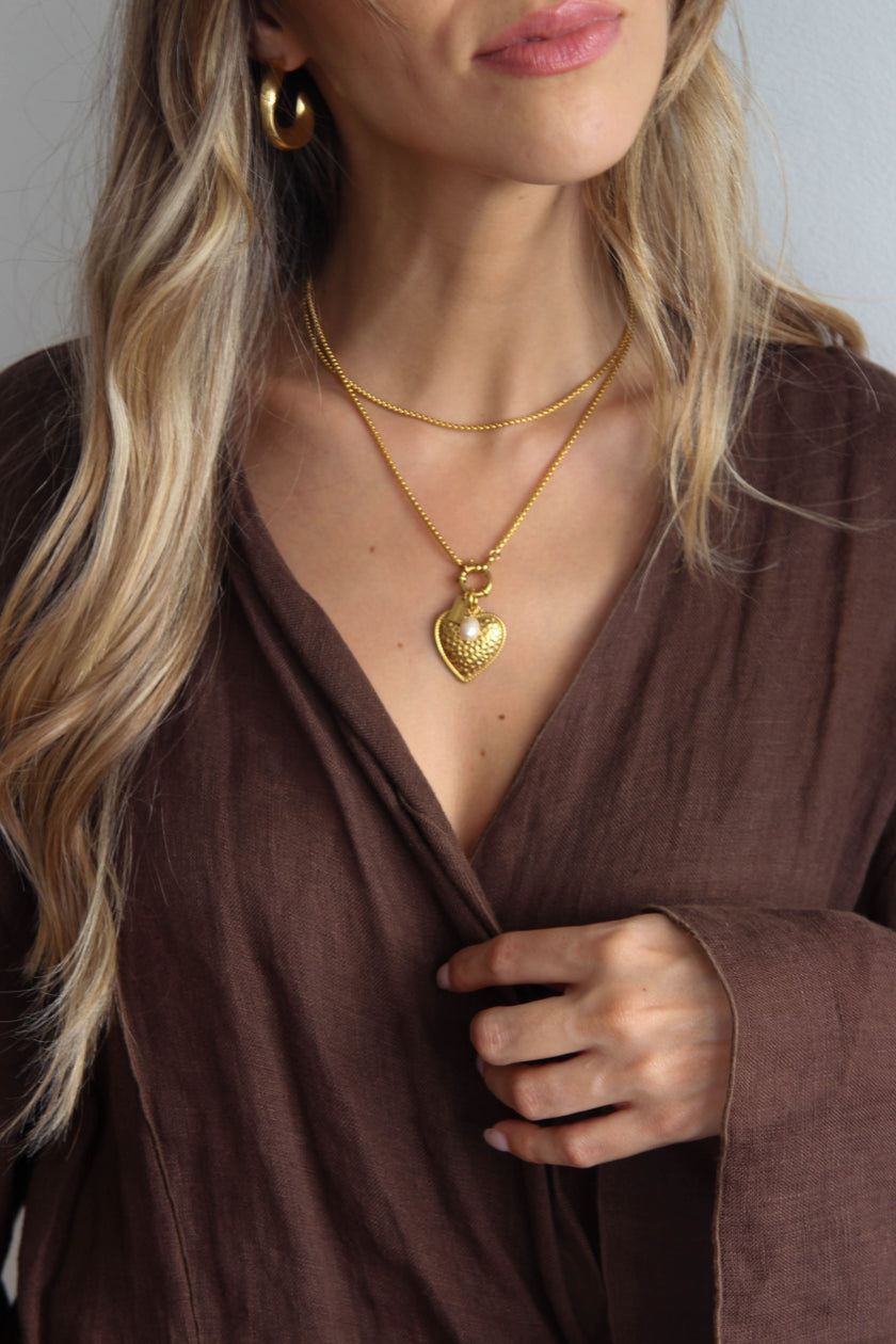 Colar em Aço Comprido 3 em 1 com Coração e Pérola Removíveis