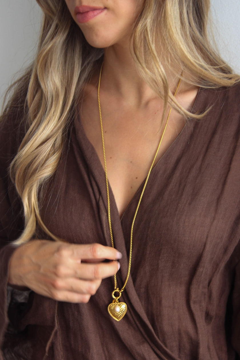 Colar em Aço Comprido 3 em 1 com Coração e Pérola Removíveis