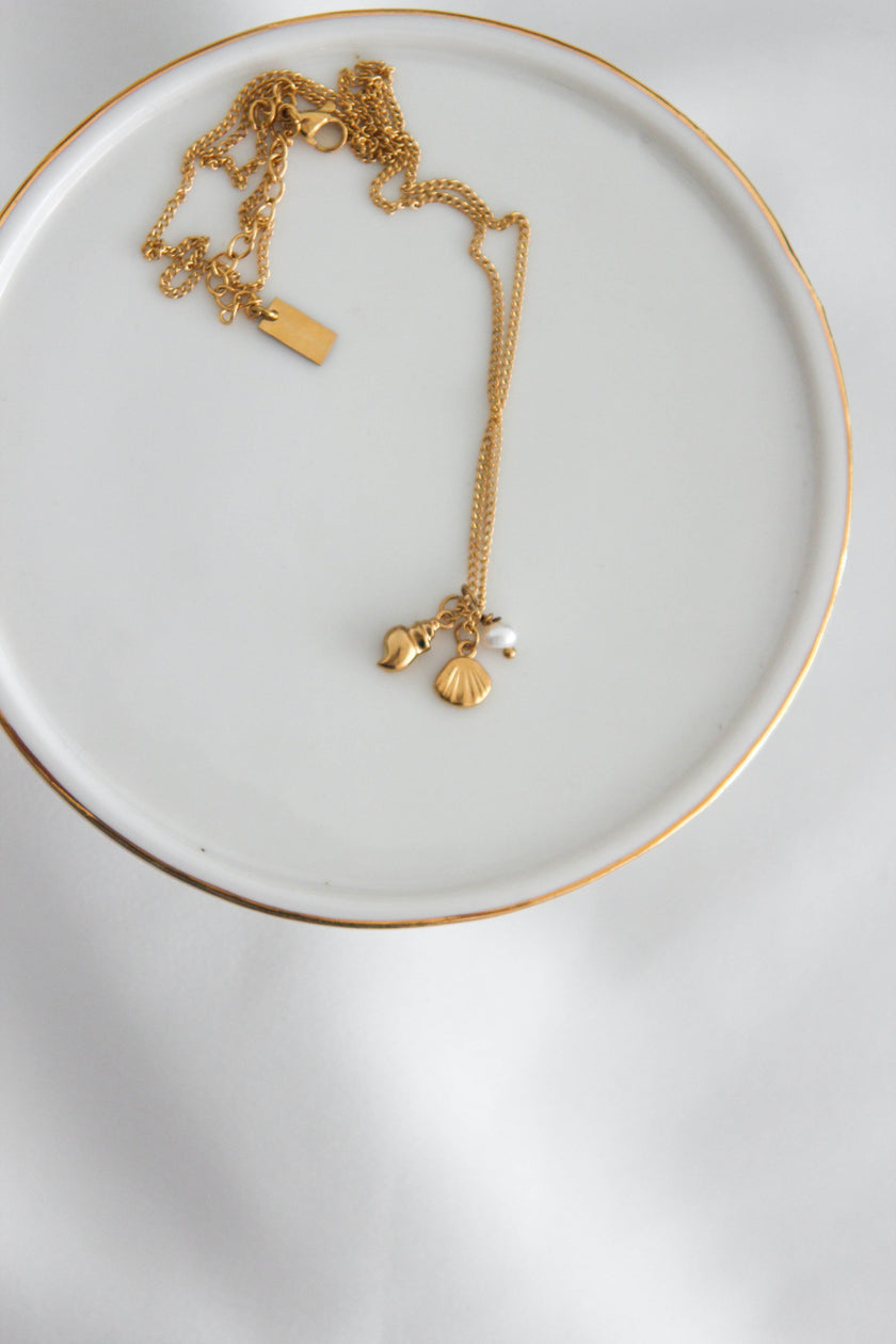 Colar em Aço Dourado com Concha, Búzio e Pérola