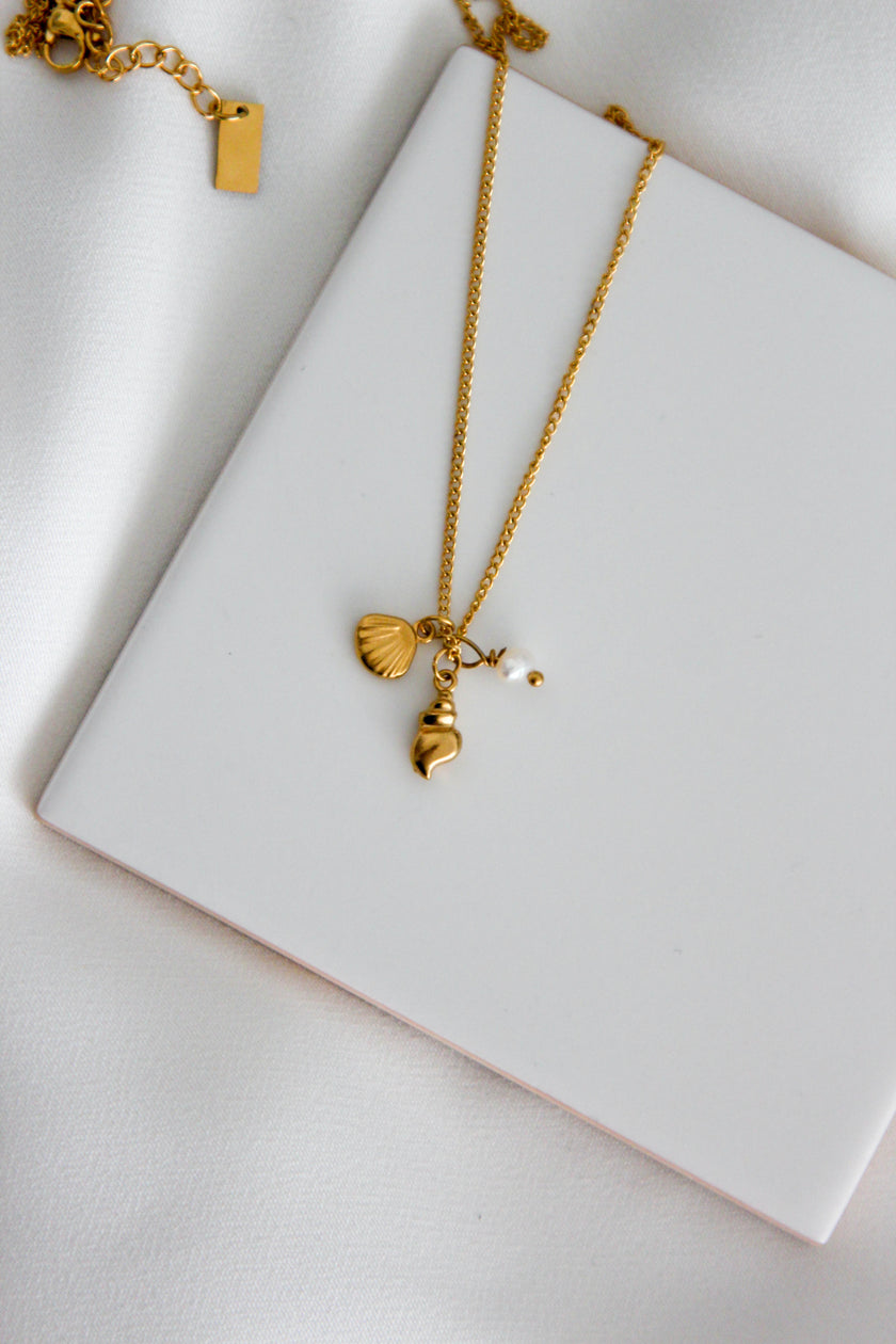 Colar em Aço Dourado com Concha, Búzio e Pérola
