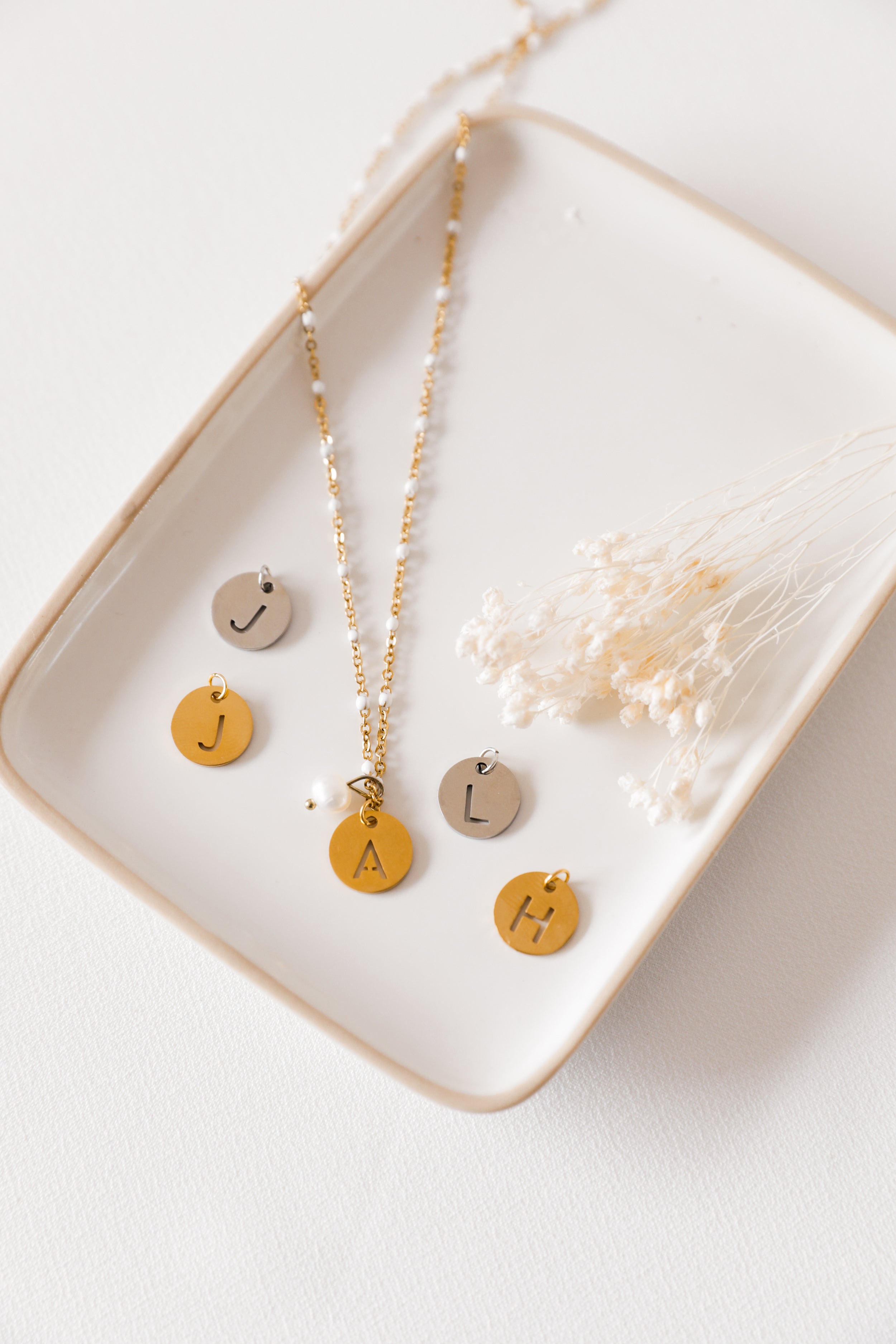 Steel Necklace with White Dots and Letter with Pearl