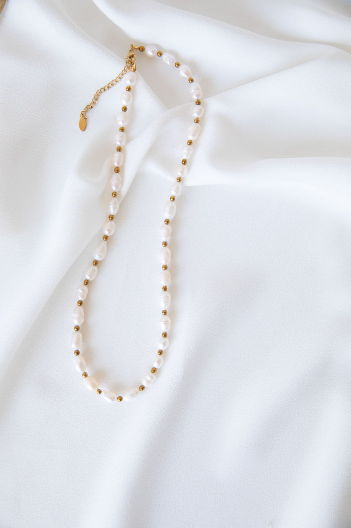 Steel Necklace with Spheres, Freshwater Pearls and Circular Clasp