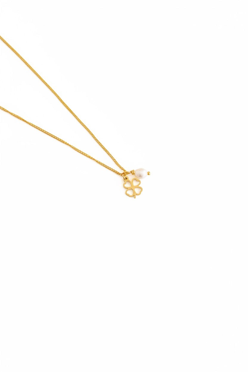 Colar em Aço com Trevo de Quatro Folhas e Pérola em Dourado ou Prateado