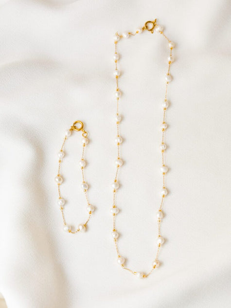 Conjunto em Aço Colar e Pulseira com Pérolas de Água Doce
