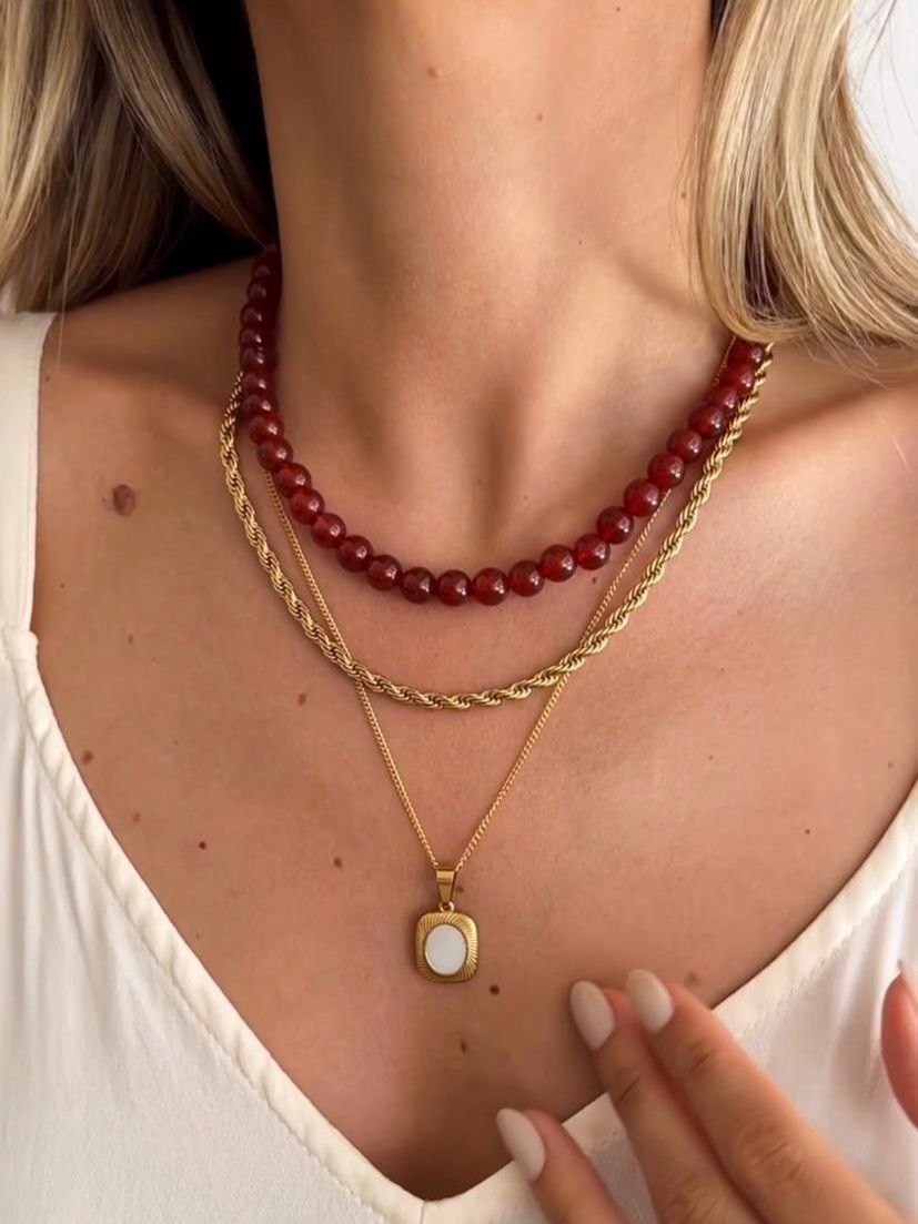 Conjunto Colares em Aço e Pedras Naturais Bordô