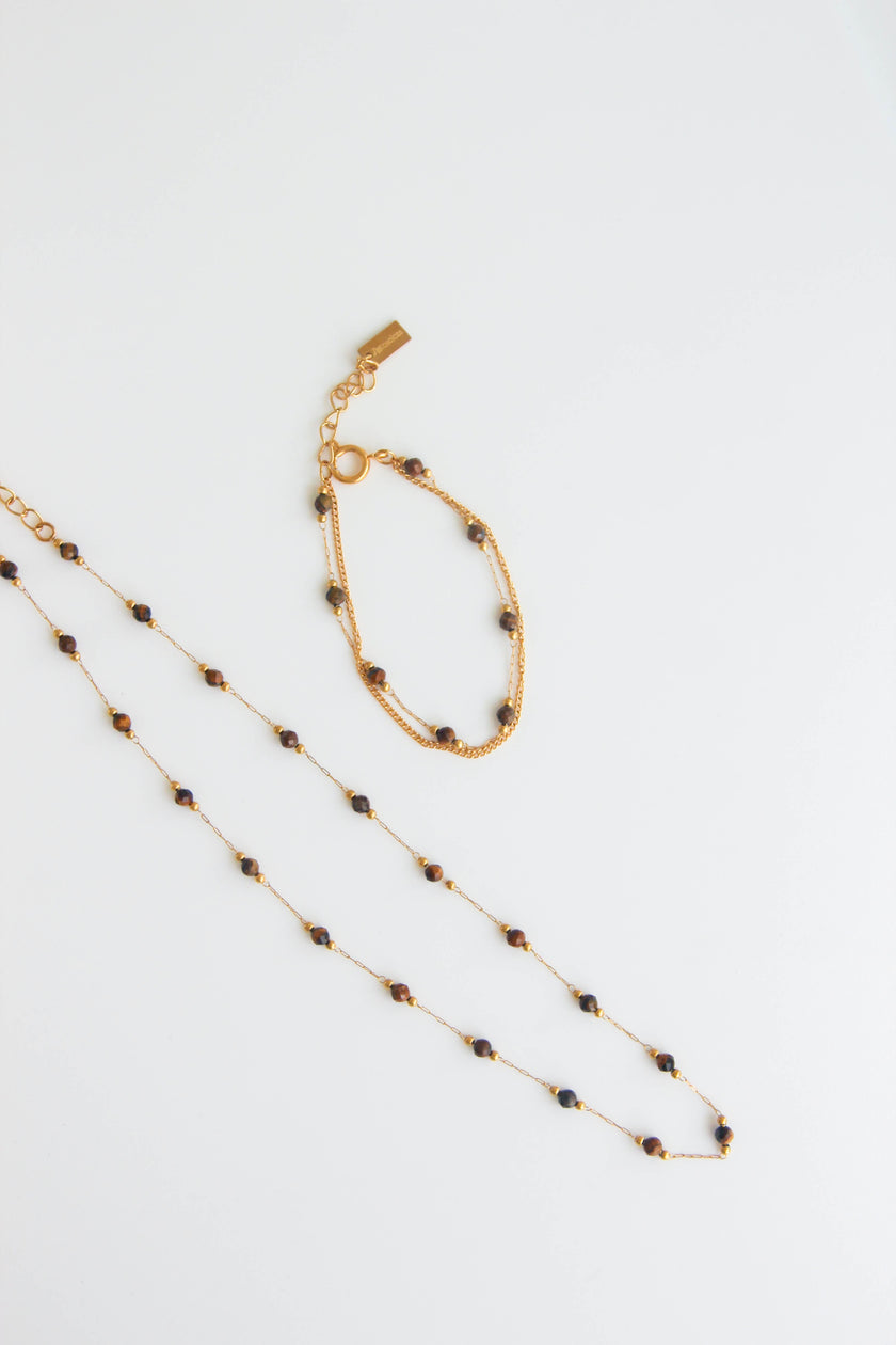 Conjunto Colar e Pulseira de Pedras Naturais Castanhas Pequeninas