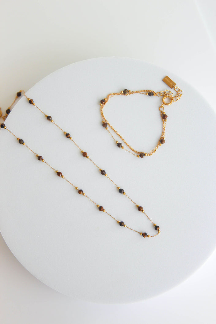 Conjunto Colar e Pulseira de Pedras Naturais Castanhas Pequeninas