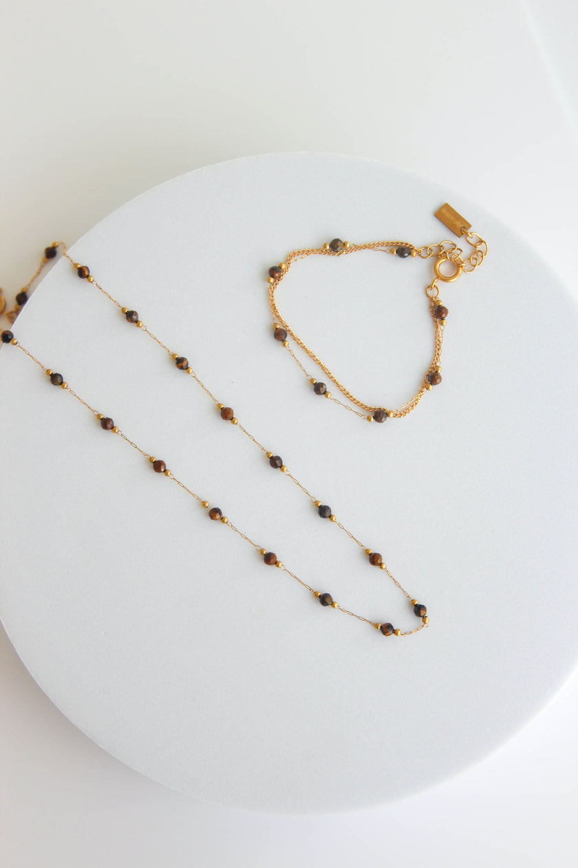 Conjunto Colar e Pulseira de Pedras Naturais Castanhas Pequeninas