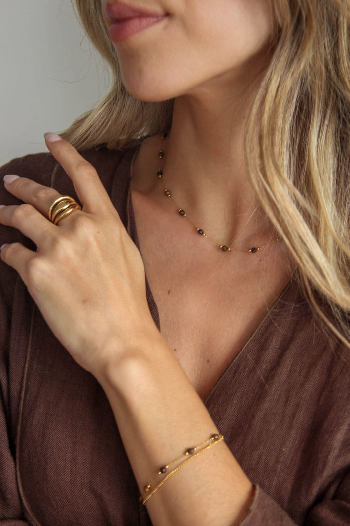 Conjunto Colar e Pulseira de Pedras Naturais Castanhas Pequeninas