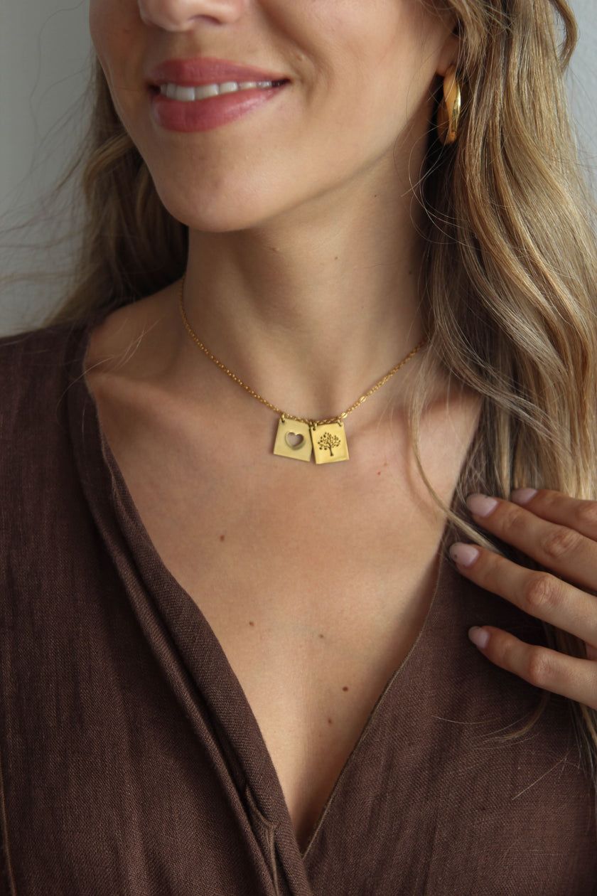 Escapulário em Aço 3 em 1 com Árvore da Vida e Coração