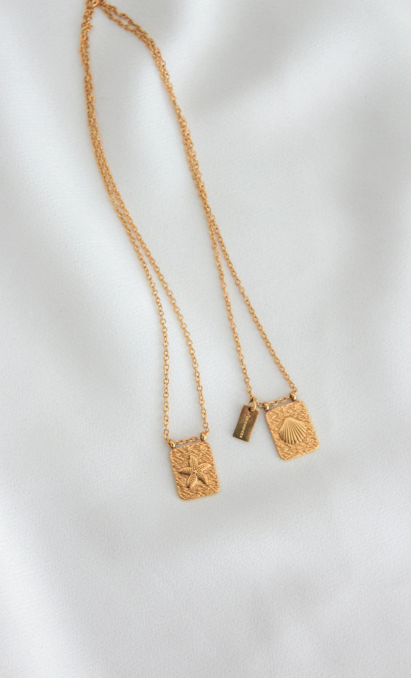 Escapulário em Aço Dourado 2 em 1 com Concha e Estrela do Mar