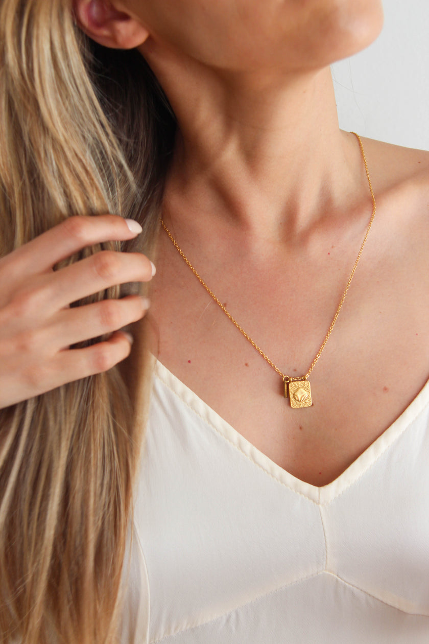 Escapulário em Aço Dourado 2 em 1 com Concha e Estrela do Mar