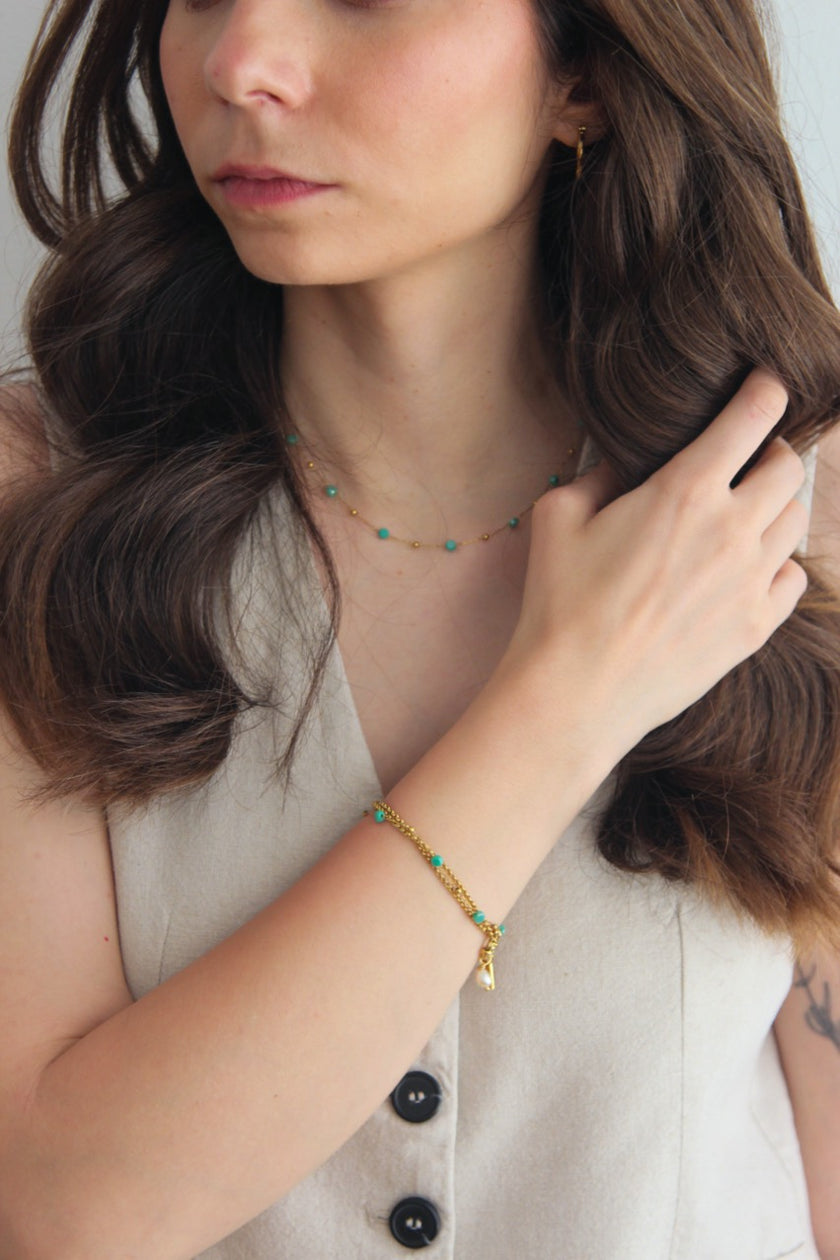 Pulseira em Aço com Cristais Verde Água