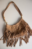 Mala de Pele Castanha com Tachas e Franjas